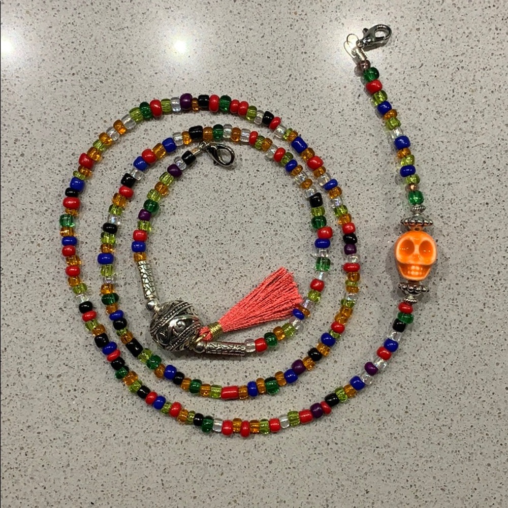 Beaded Mask Chain with Orange Skull